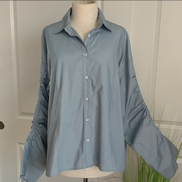 Free People Button Front Long Sleeves Drawstring Cotton Oversized Blue S NWT - Picture 2 of 8